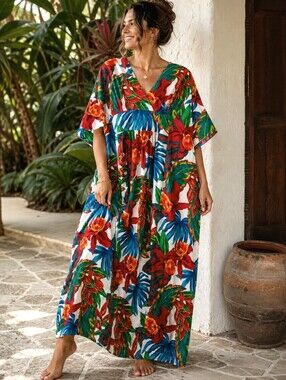 Vintage HILO HATTIE Hawaiian Floral MUUMUU Dress COTTON Caftan Hawaii ONE SIZE